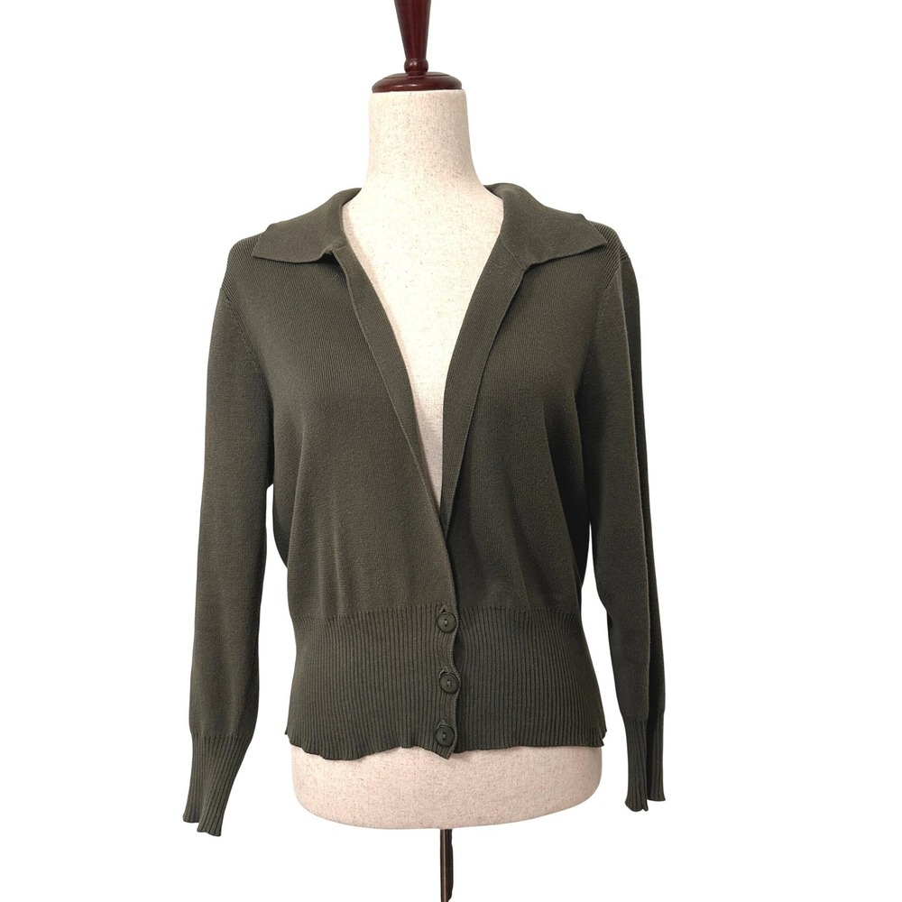 VTG 90s Olive Green Collared Cardigan Sweater PM 100% Cotton Minimalist Knit